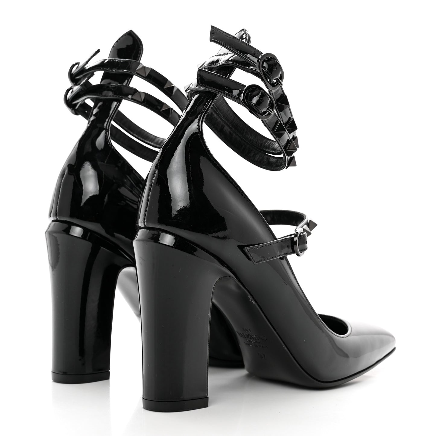 Patent Monochrome Rockstud Tan-Go Ankle Strap Pumps 37 Black