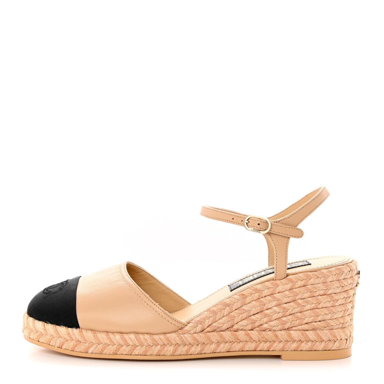 Chanel Lambskin Grosgrain CC Espadrilles Wedges 40 Beige Black 1 of 13