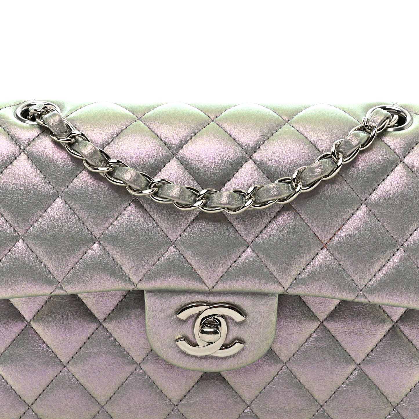 Iridescent Calfskin Quilted Small Double Flap Light Purple