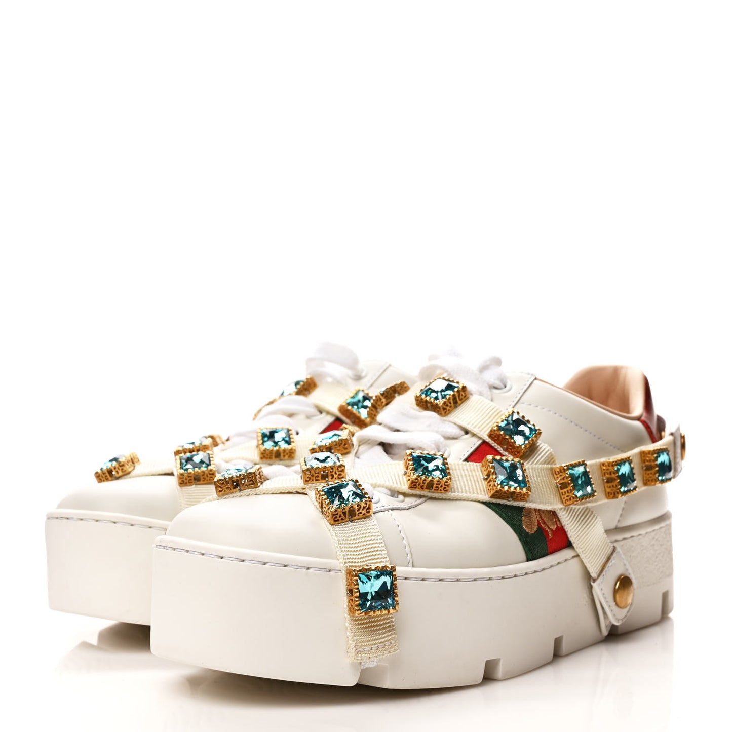 Calfskin Removable Crystals Bee Embroidered Ace Platform Sneakers 36 White