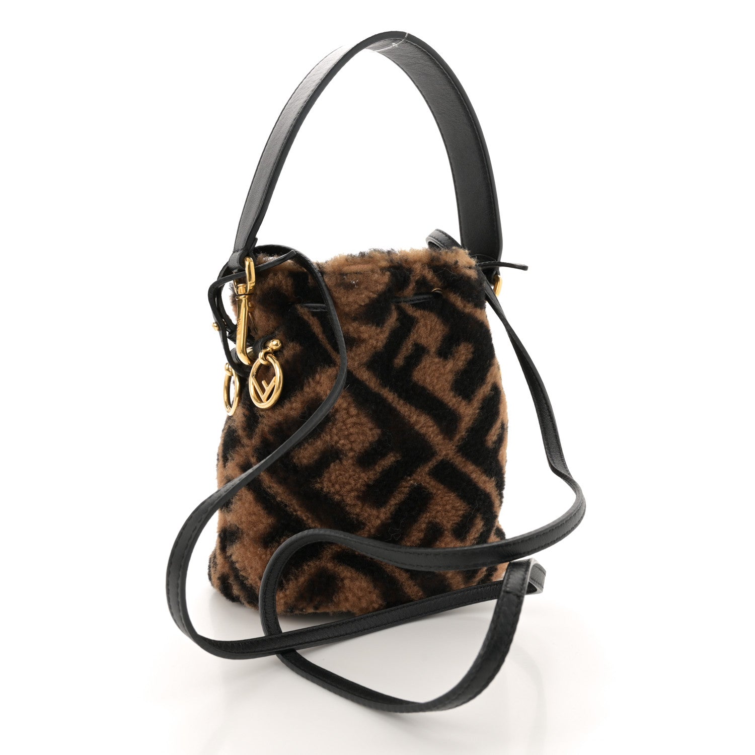 Fendi Shearling Vitello Dolce F is Fendi Macro FF 1974 Mini Mon Tresor Bucket Bag Tobacco Black 3 of 13