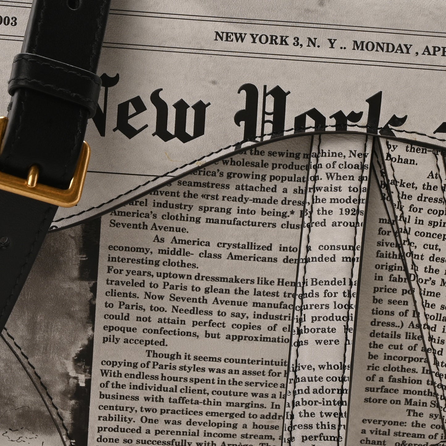 Calfskin Newspaper Printed Saddle Bag With Strap Black White