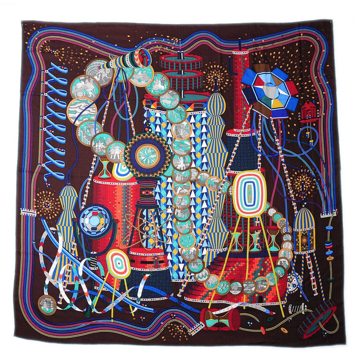 Hermes Cashmere Silk Laboratoire Du Temps Shawl 140 Marron Nocturne Vert Rouge H 2 of 10