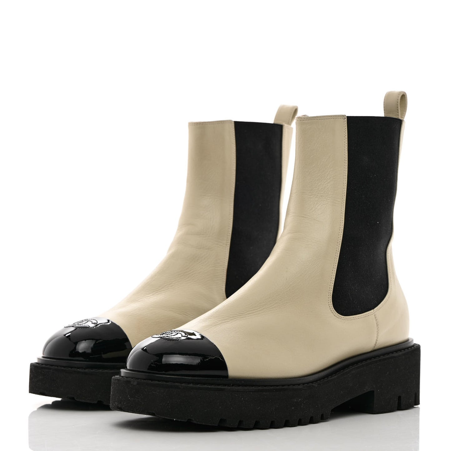 Patent Calfskin Cap Toe CC Ankle Boots 41 Beige Black