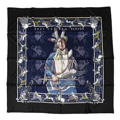 Hermes Silk Double Face Pani La Shar Pawnee Scarf 90 Black Marine 1 of 10