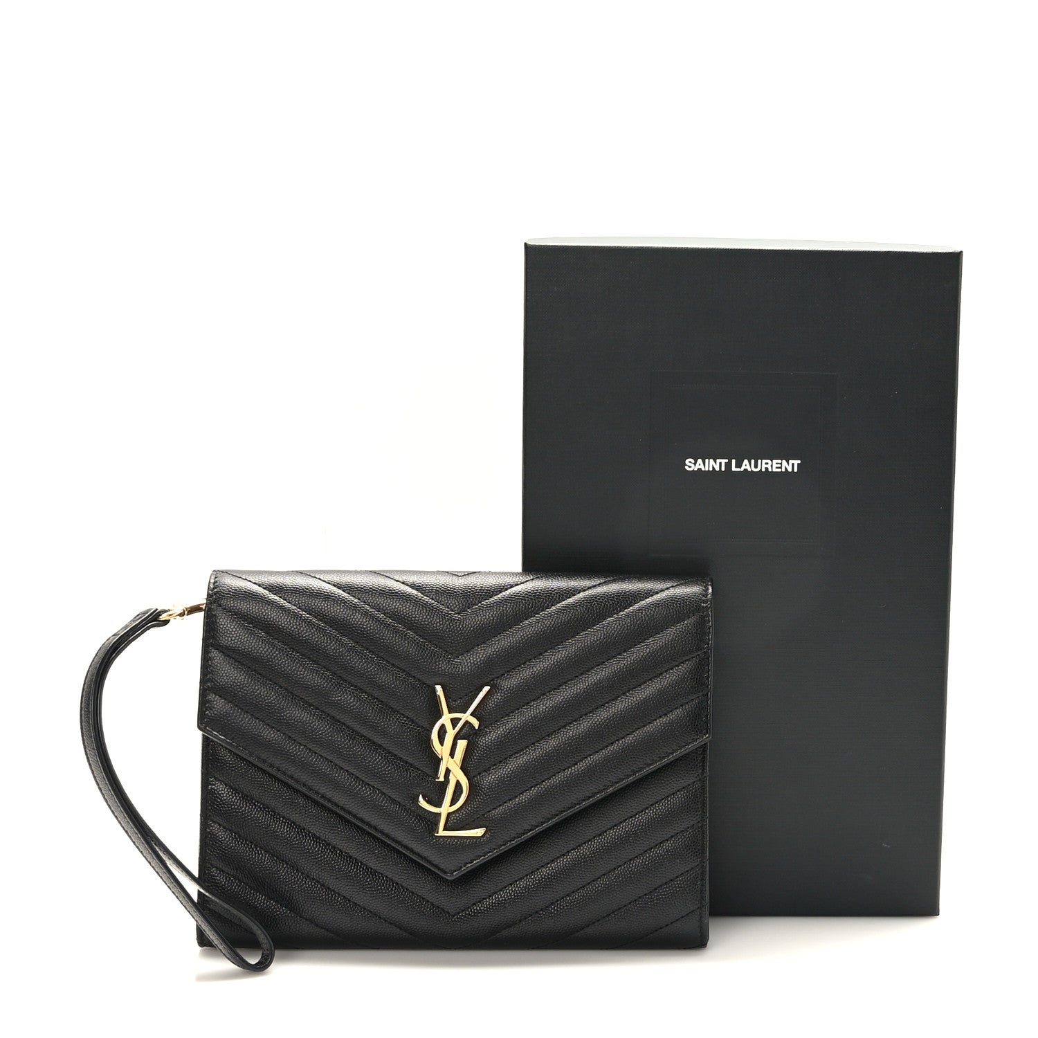 Saint Laurent Grain De Poudre Matelasse Chevron Monogram Envelope Clutch Black 7 of 7