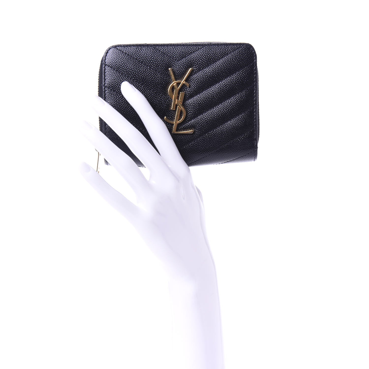 Saint Laurent Grain De Poudre Matelasse Chevron Monogram Compact Zip Around Wallet Black 3 of 8