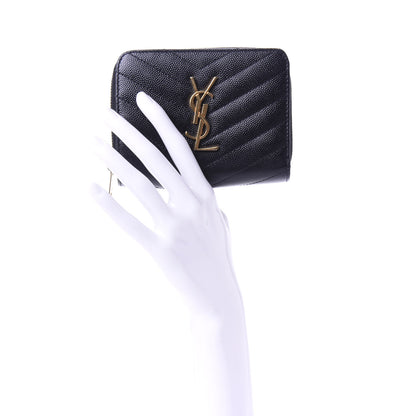 Saint Laurent Grain De Poudre Matelasse Chevron Monogram Compact Zip Around Wallet Black 3 of 8