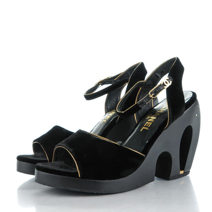 Chanel Velvet Wedge Platform Sandals 39 Black 3 of 8