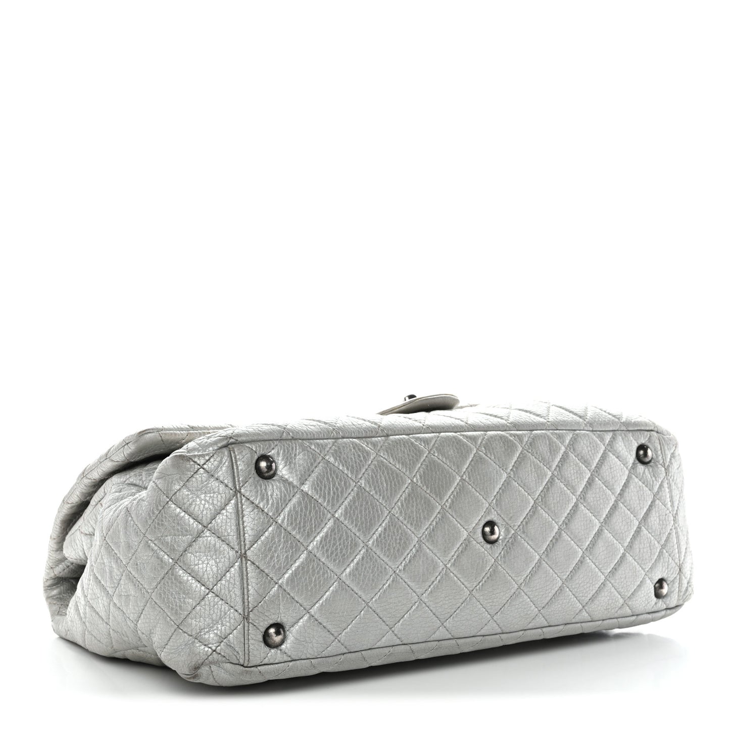 Metallic Calfskin Quilted XXL Travel Flap Bag Silver