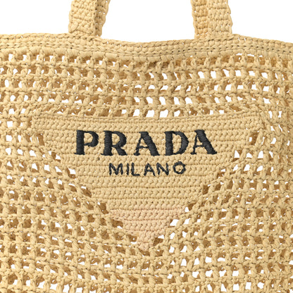 Prada Yarn Raffia Effect Crochet Logo Embroidered Tote Bag Naturale 9 of 9