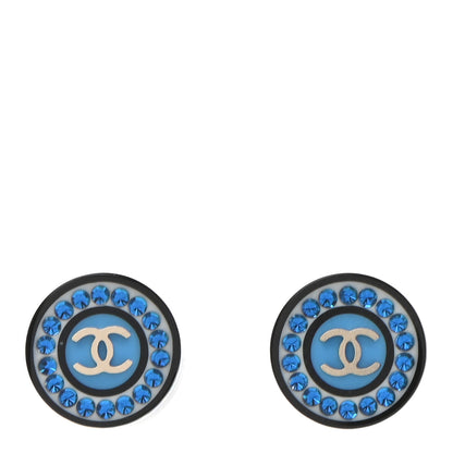 Chanel Resin Crystal CC Round Earrings Blue Black 1 of 4