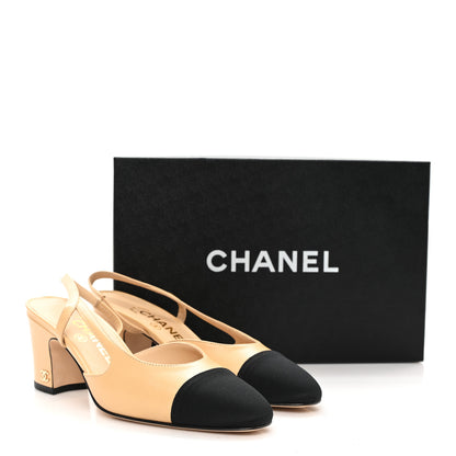 Chanel Goatskin Grosgrain Cap Toe CC Slingback Pumps 35 Beige Black 9 of 9