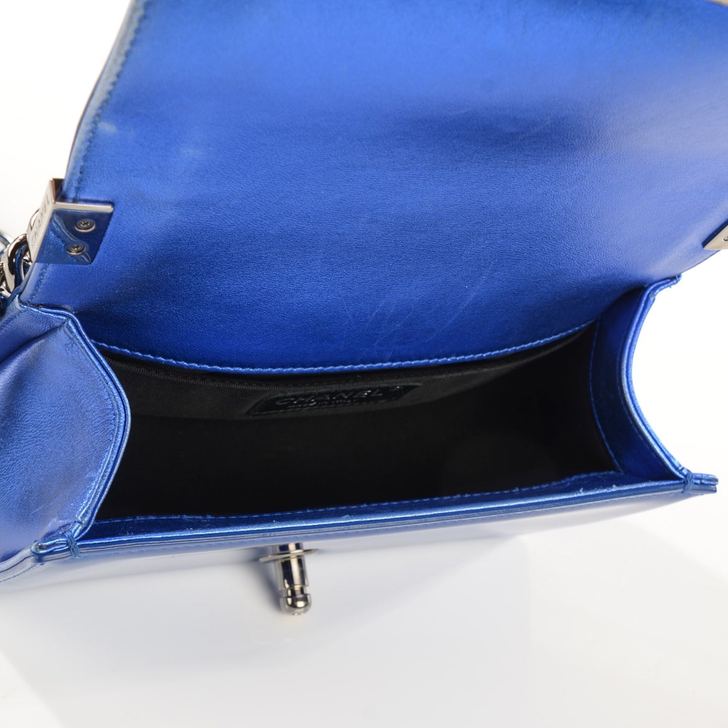 Metallic Patent Calfskin Quilted Small Boy Flap Blue