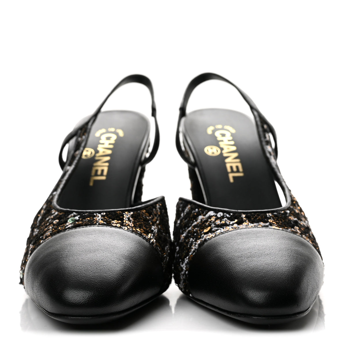 Glittered Wool Tweed Lambskin Cap Toe CC Slingback Pumps 40 Black White Gold