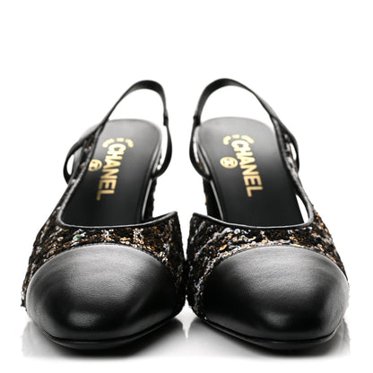Chanel Glittered Wool Tweed Lambskin Cap Toe CC Slingback Pumps 40 Black White Gold 3 of 10
