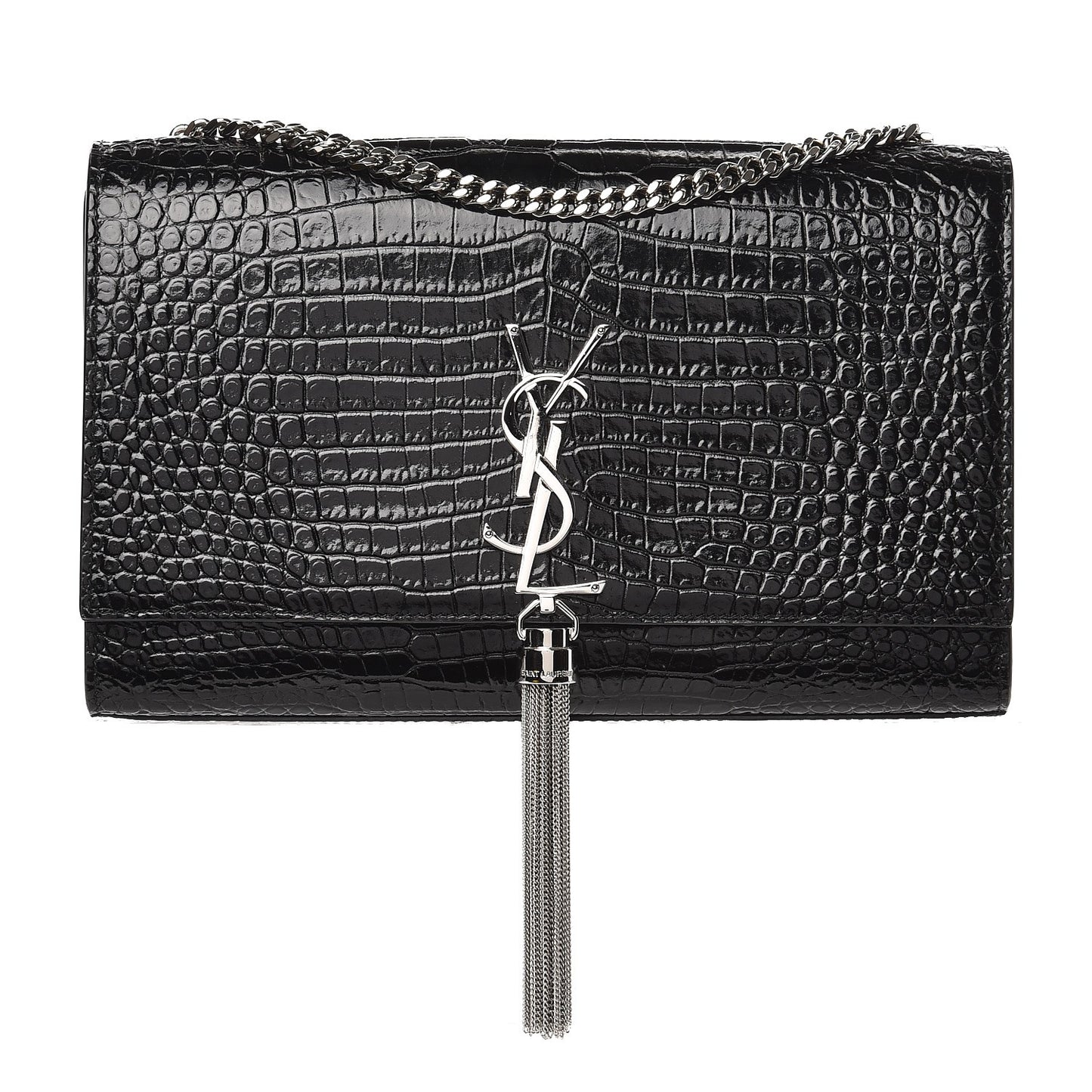 Calfskin Crocodile Embossed Medium Classic Monogram Kate Tassel Satchel Black