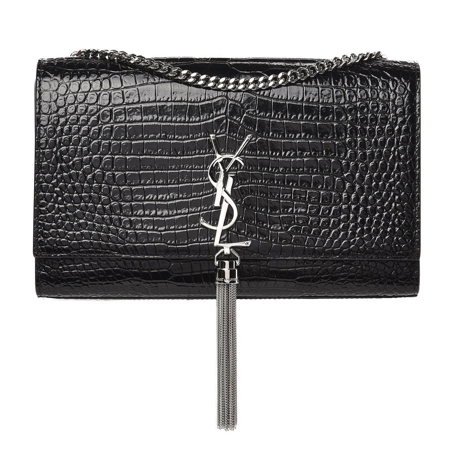 Saint Laurent Calfskin Crocodile Embossed Medium Classic Monogram Kate Tassel Satchel Black 1 of 7