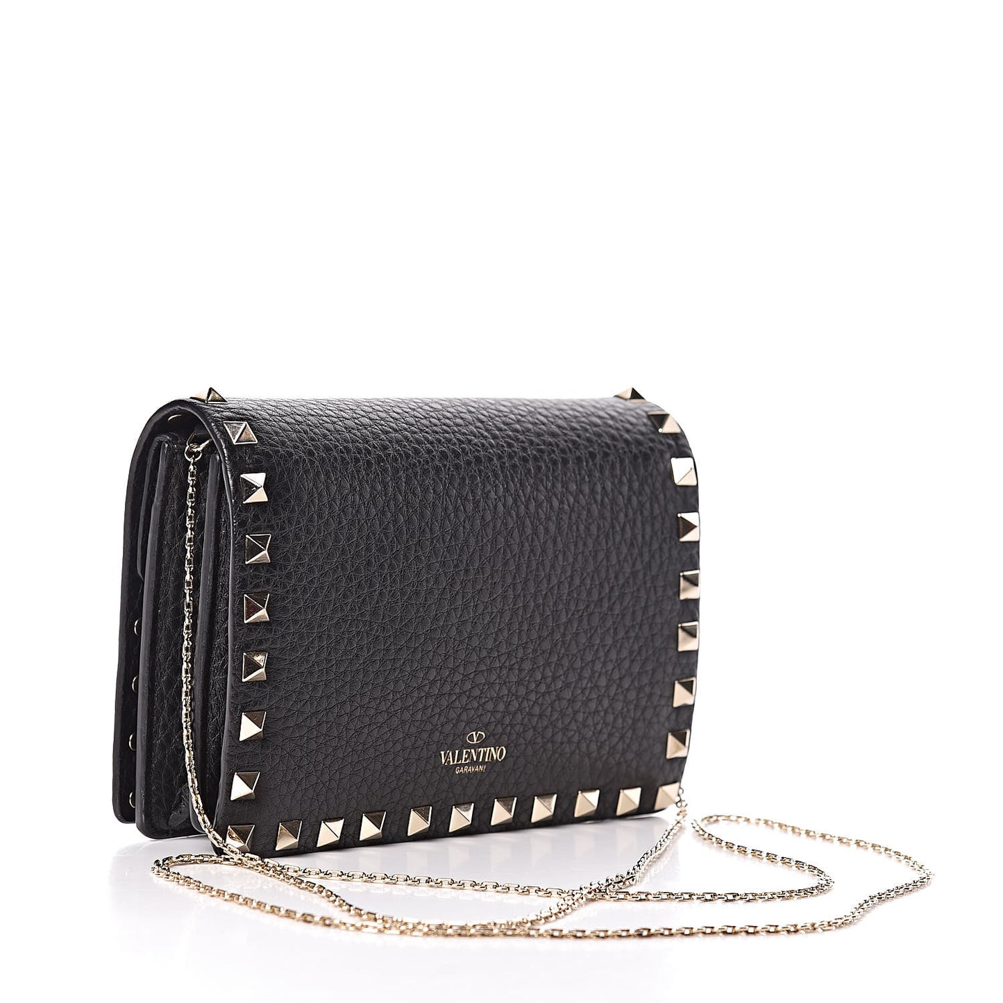 Pebbled Calfskin Rockstud Wallet on Chain Black