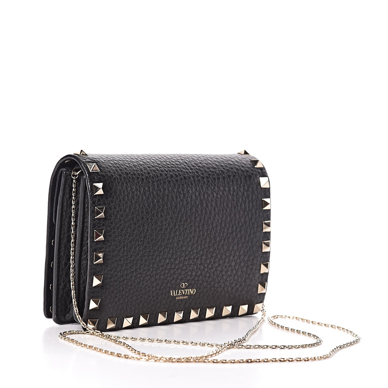 Valentino Garavani Pebbled Calfskin Rockstud Wallet on Chain Black 3 of 10