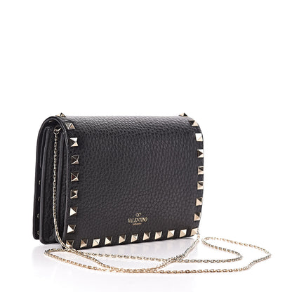 Valentino Garavani Pebbled Calfskin Rockstud Wallet on Chain Black 3 of 10