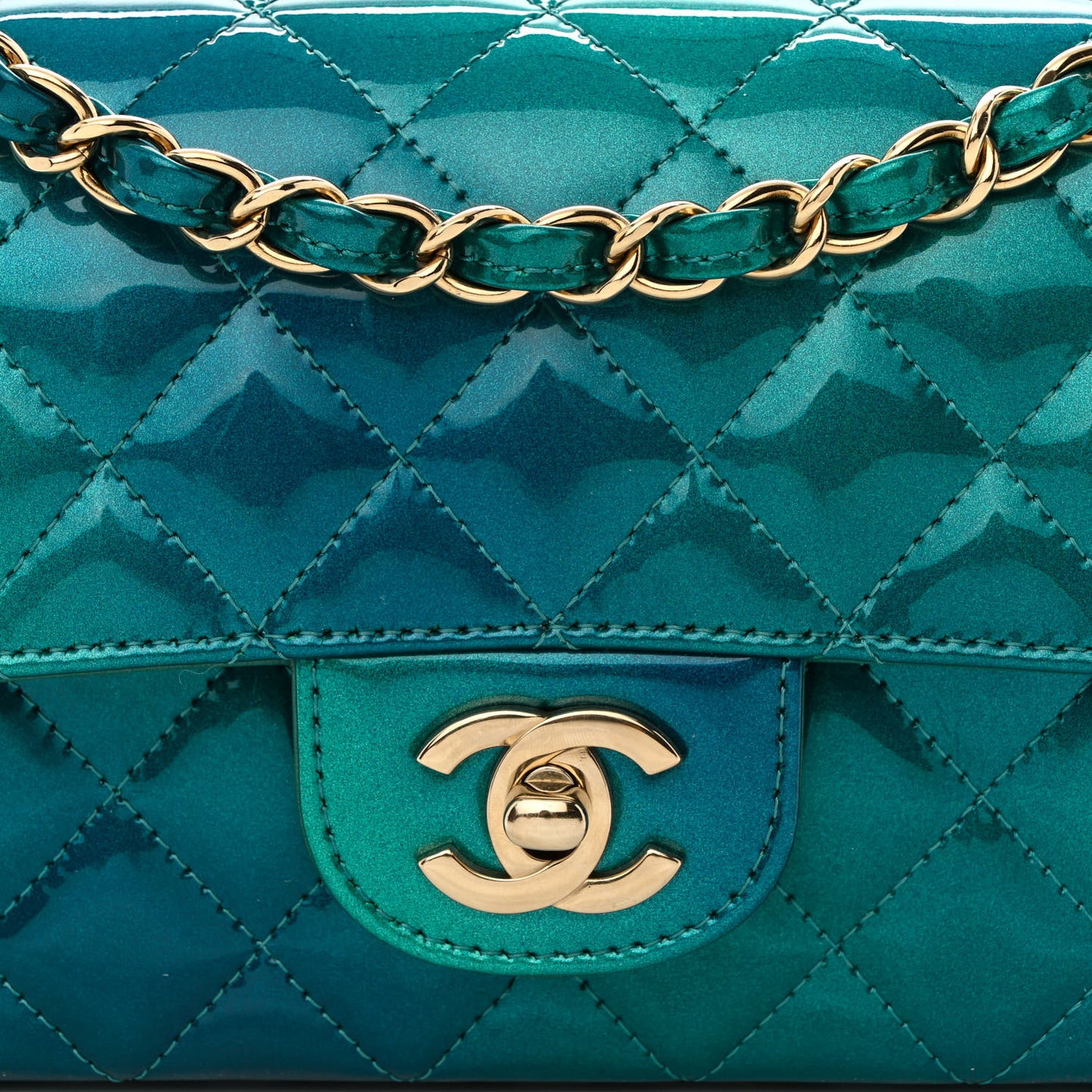Shaded Patent Calfskin Quilted Mini Rectangular Flap Green Blue