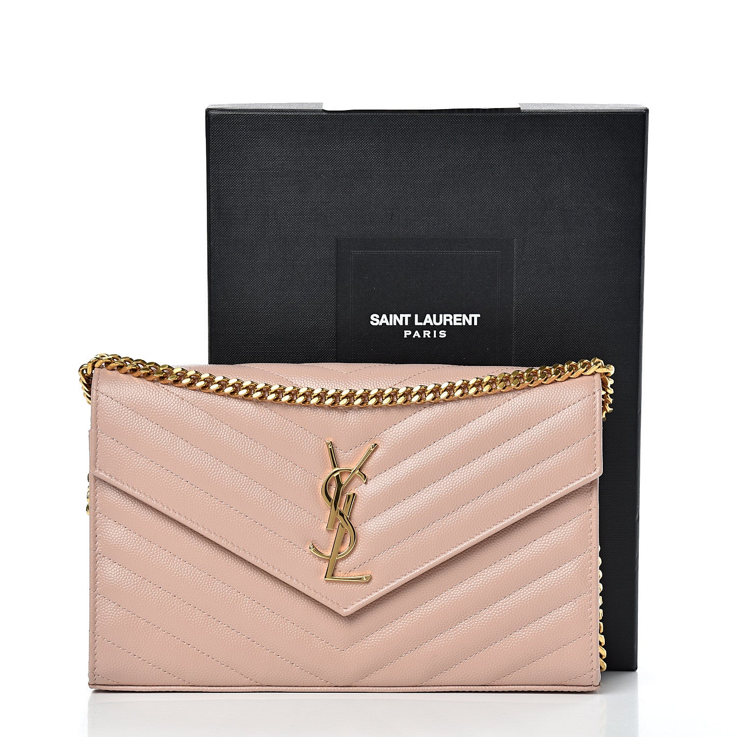 Saint Laurent Grain De Poudre Matelasse Chevron Monogram Chain Wallet Rose Antic 9 of 9