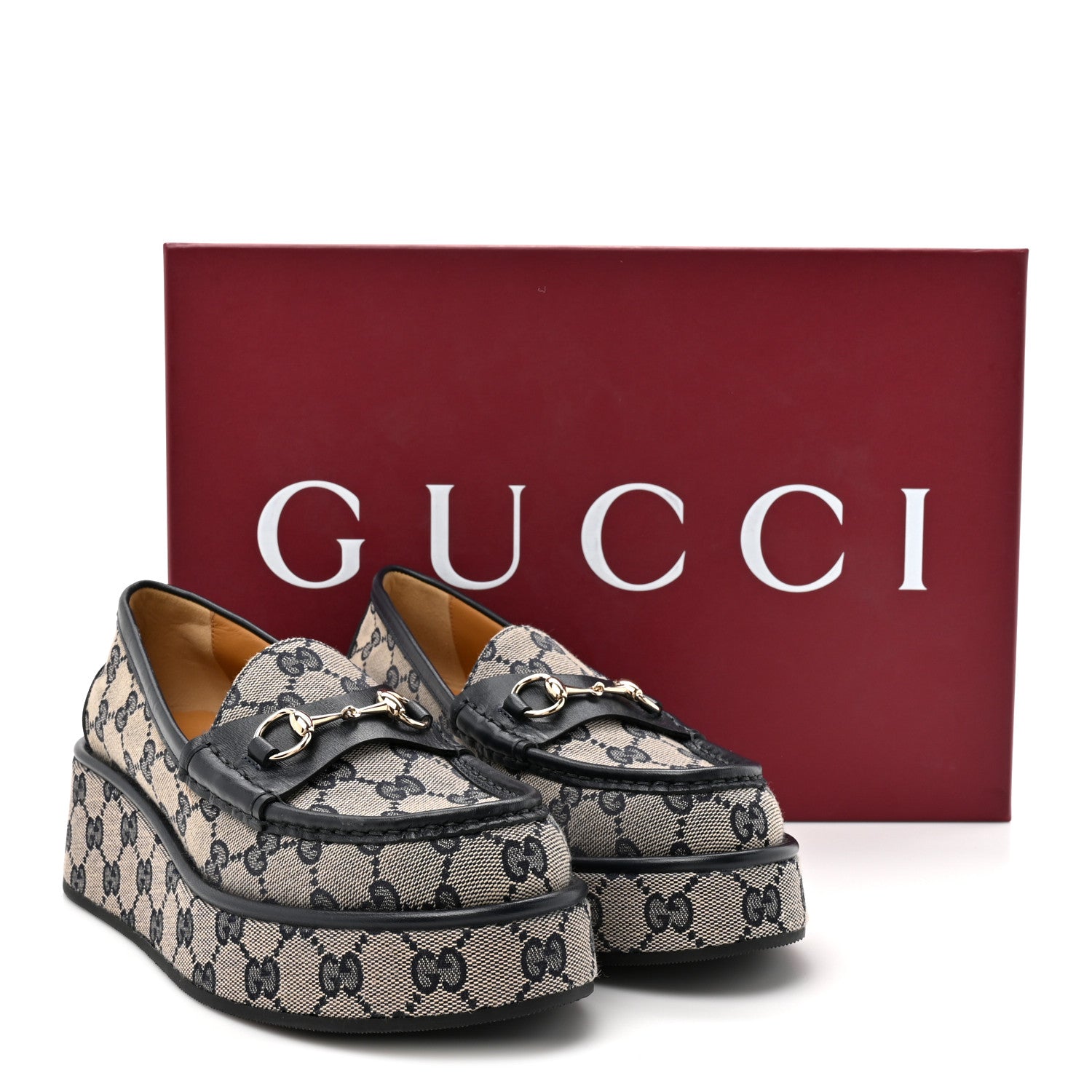 Gucci Monogram Horsebit Calfskin Womens Horsebit Wedge Platform Loafers 37.5 Beige Blue 10 of 10
