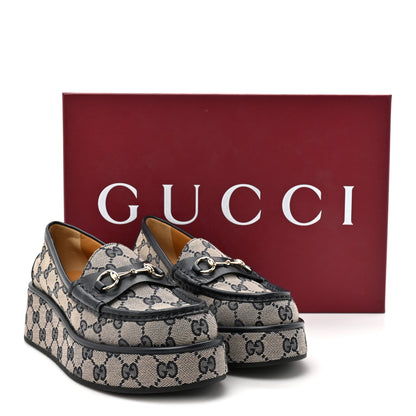 Gucci Monogram Horsebit Calfskin Womens Horsebit Wedge Platform Loafers 37.5 Beige Blue 10 of 10