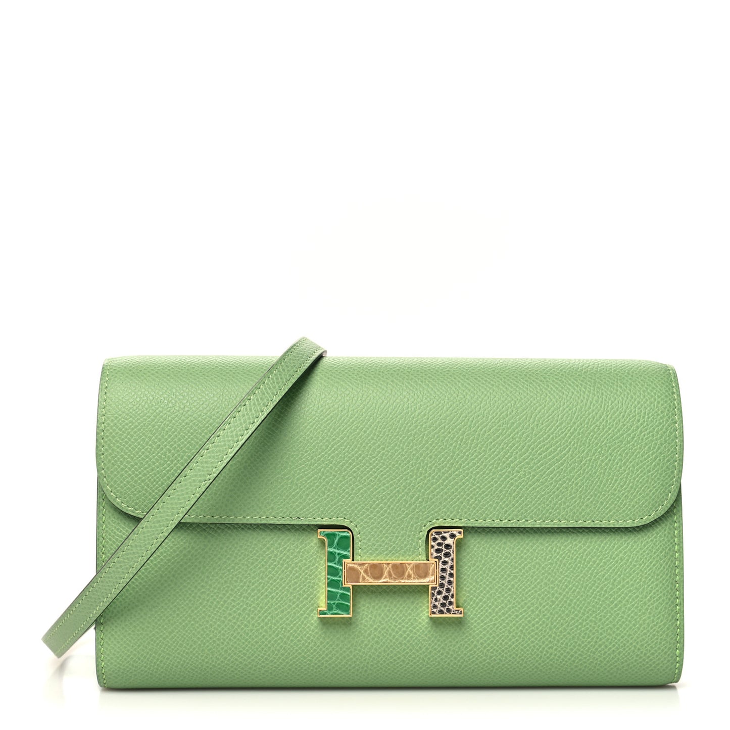 Epsom Alligator Lizard Constance Wallet To Go Vert Criquet Cactus Beige Sable Ombre
