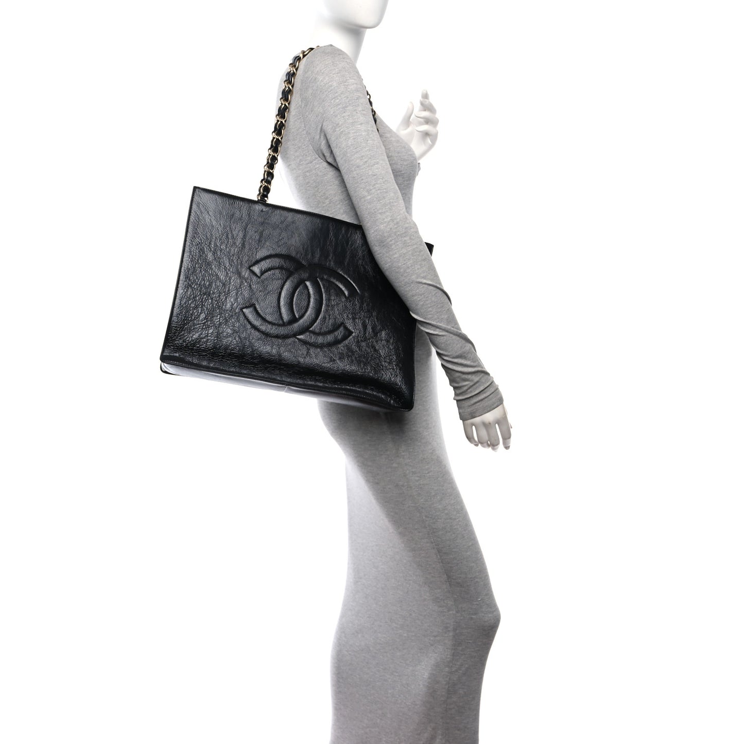 Shiny Aged Calfskin Shopping Bag Black