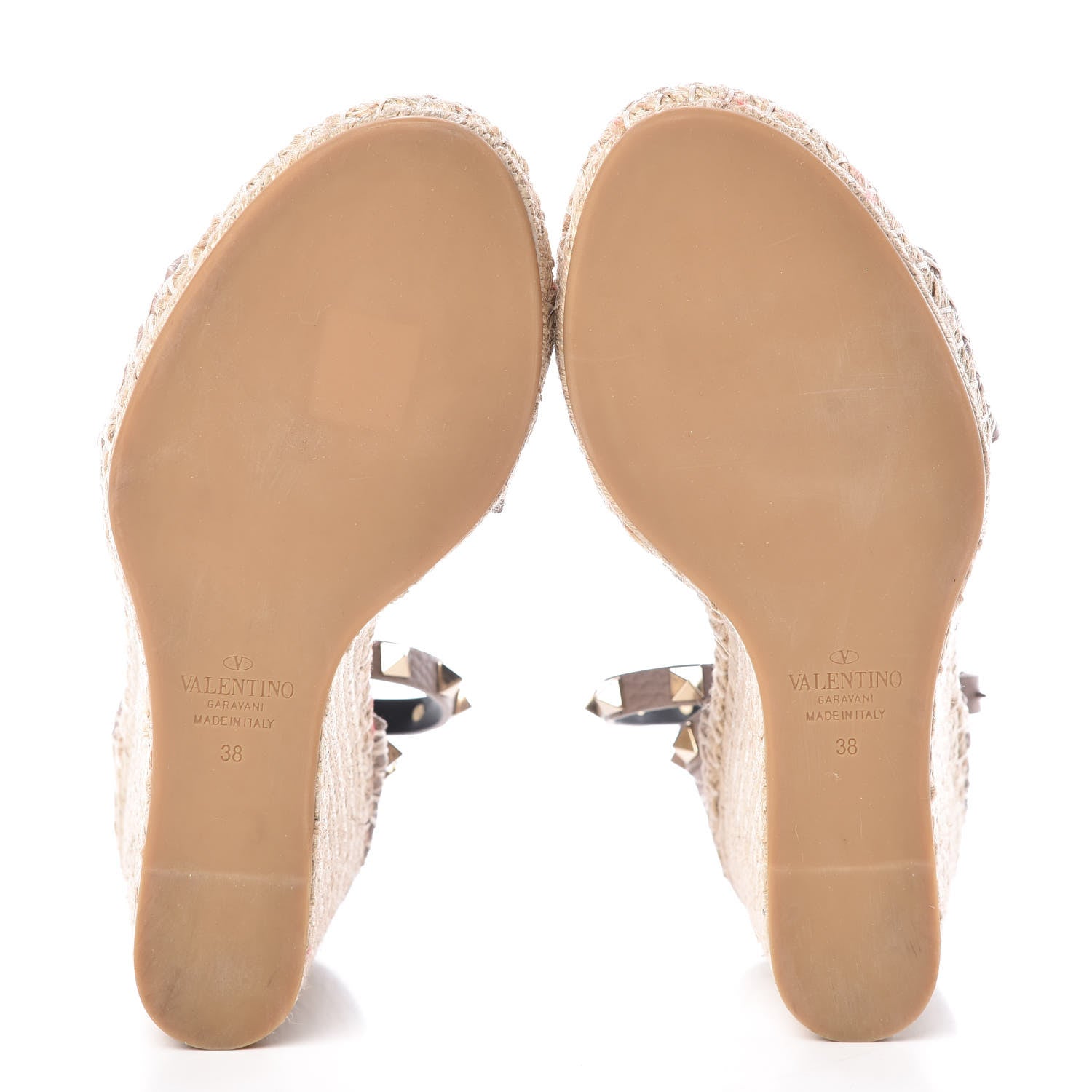 Valentino Garavani Grained Calfskin Rockstud Ankle Strap Espadrille 15/105mm Wedge Sandals 38 Poudre Natural 6 of 9