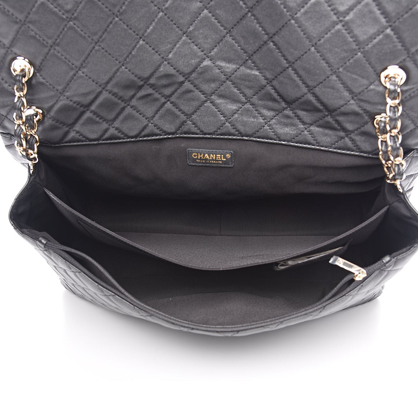 Metallized Calfskin Quilted XXL Travel Flap Bag Black