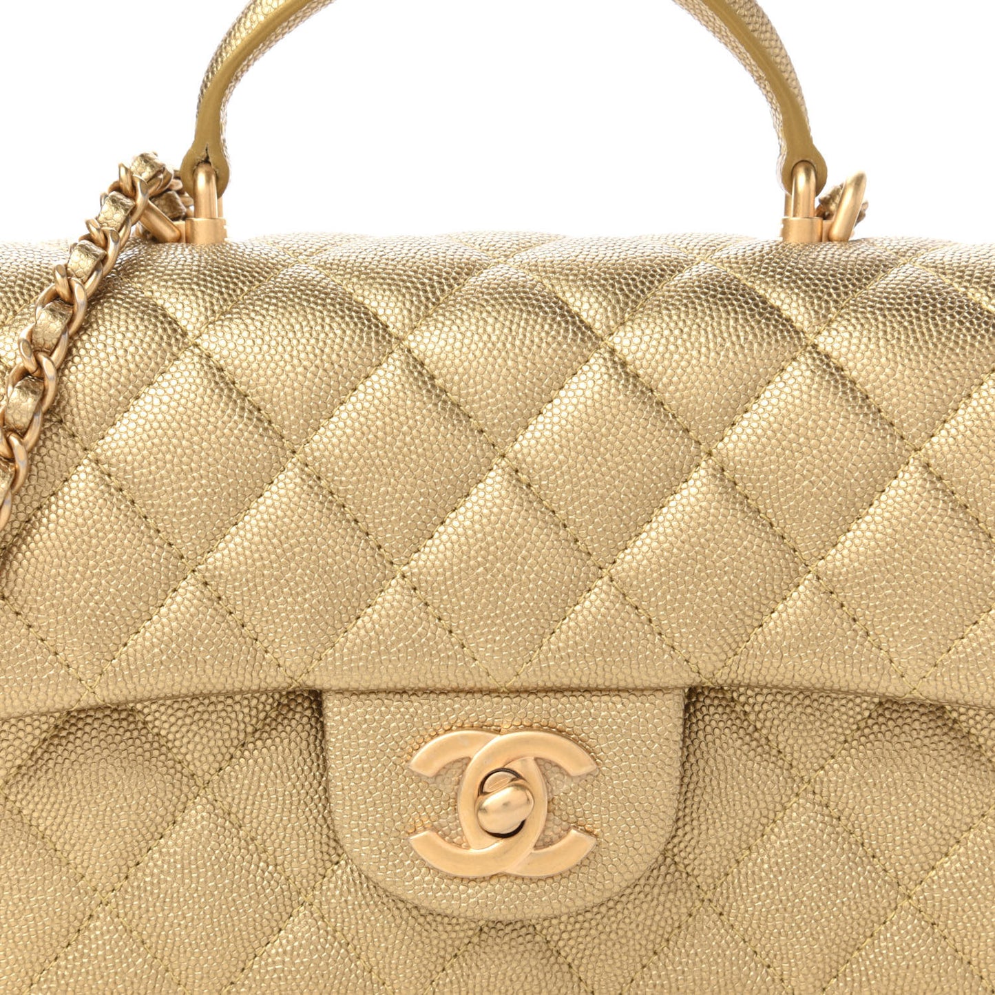 Metallic Caviar Quilted Mini Top Handle Rectangular Flap Gold
