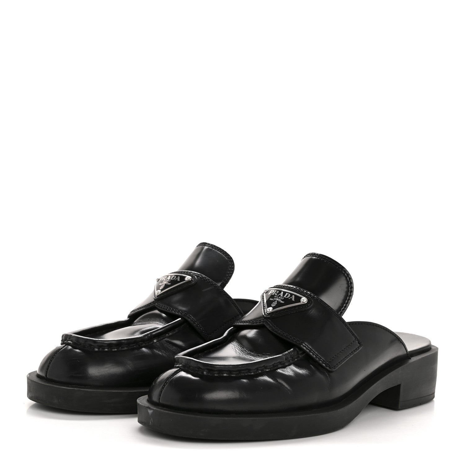 Prada Spazzolato Triangle 40mm Loafer Mules 37.5  Black 4 of 8