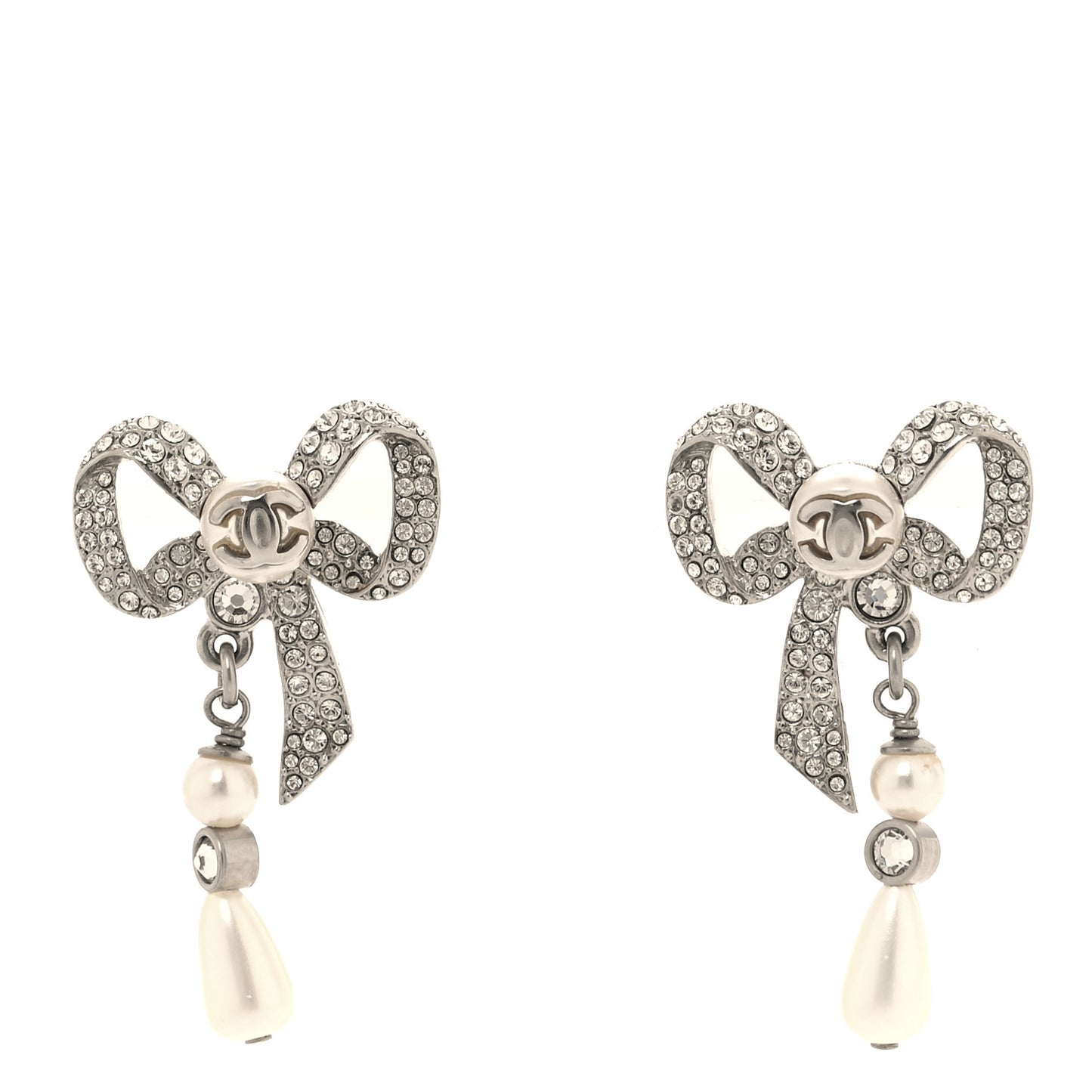 Crystal Pearl Bow CC Earrings Silver