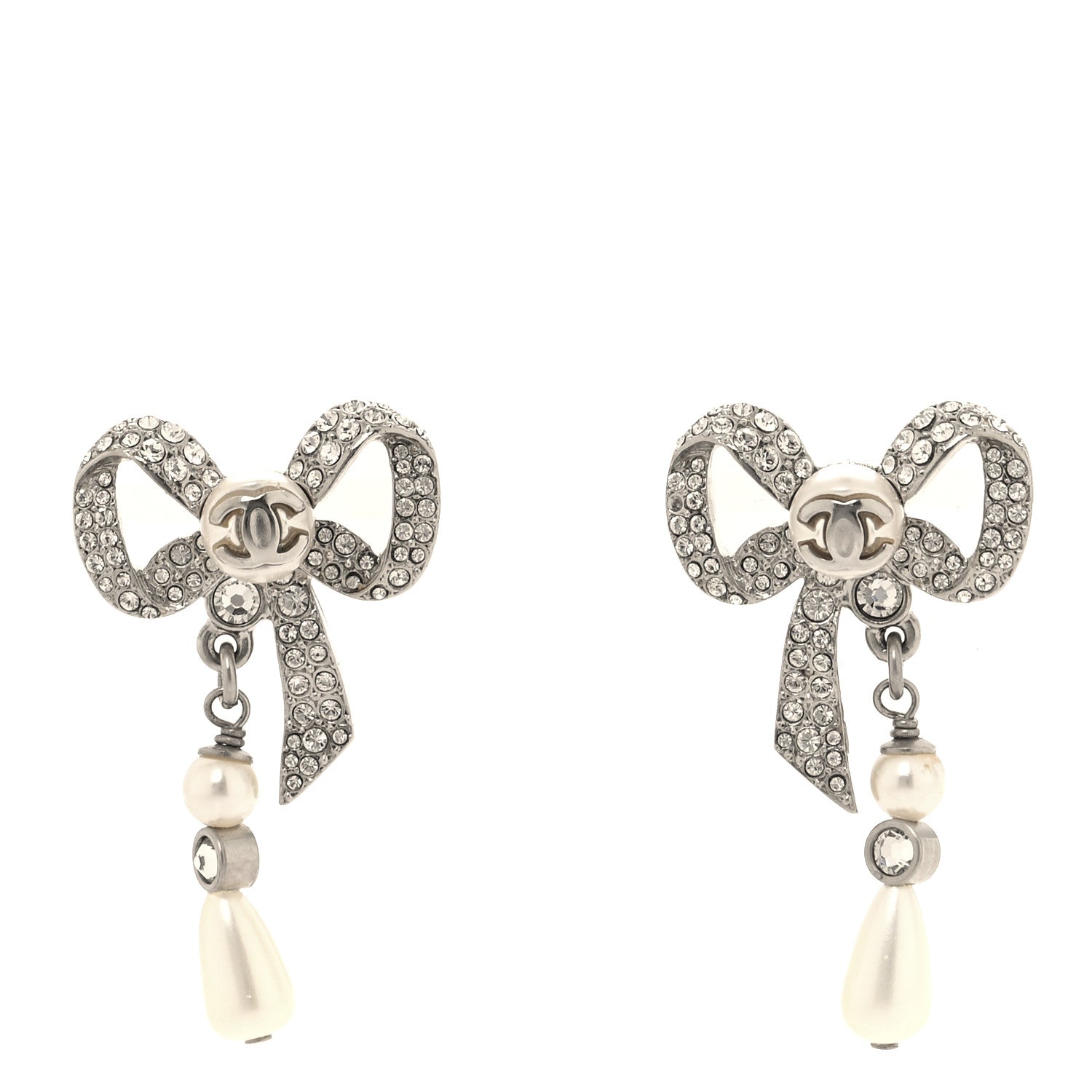 Chanel Crystal Pearl Bow CC Earrings Silver 1 of 4