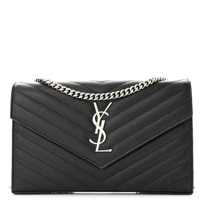 Saint Laurent Grain De Poudre Matelasse Chevron Monogram Chain Wallet Black 1 of 13