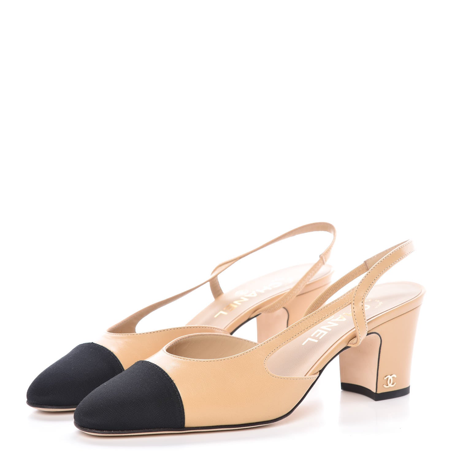 Chanel Goatskin Grosgrain Cap Toe CC Slingback Pumps 38 Beige Black 3 of 8