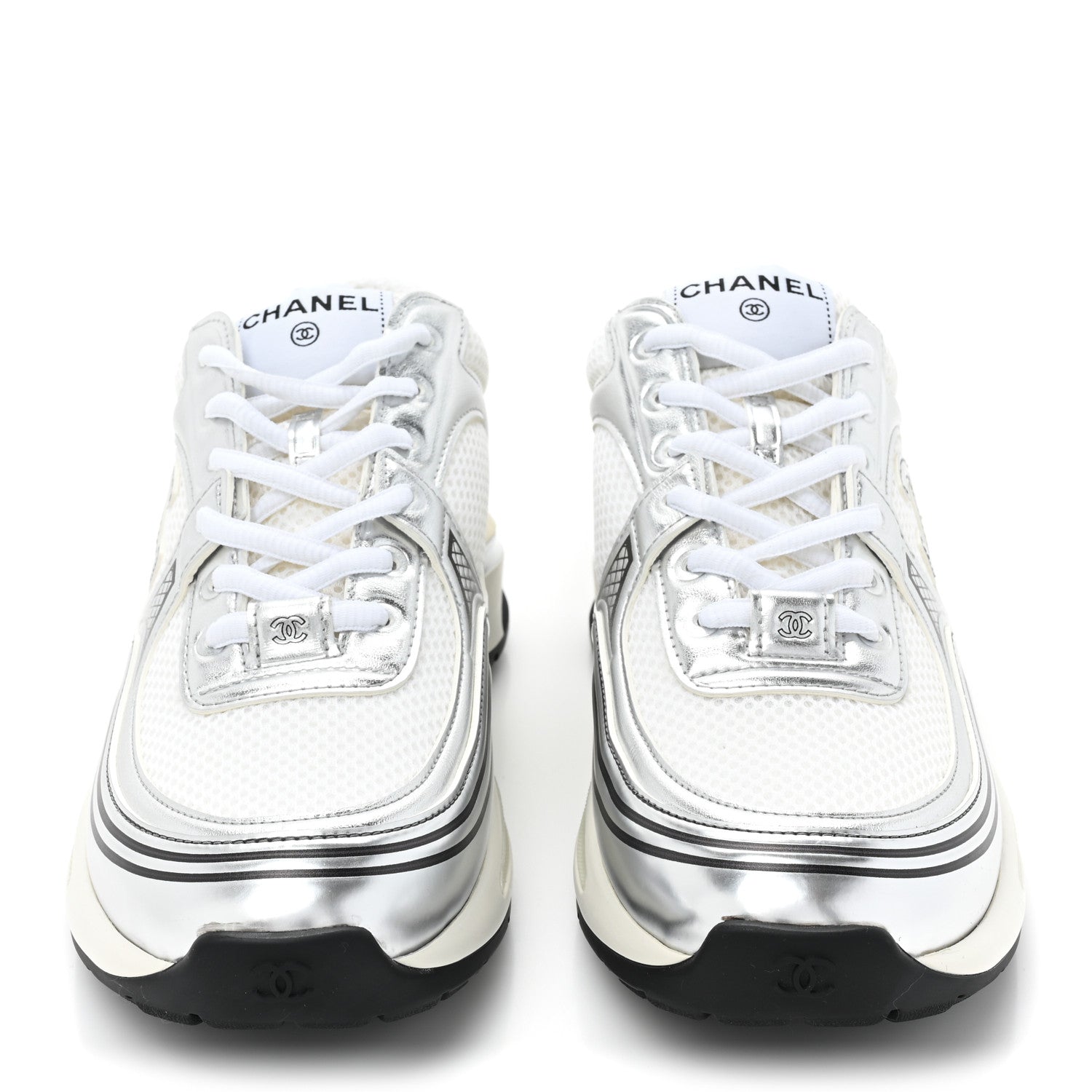 Chanel Fabric Laminated Calfskin Stretch CC Sneakers 39 White Silver 3 of 20
