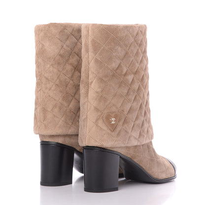 Chanel Suede Quilted Foldover CC Clover Short Boots 40 Beige Black 4 of 11
