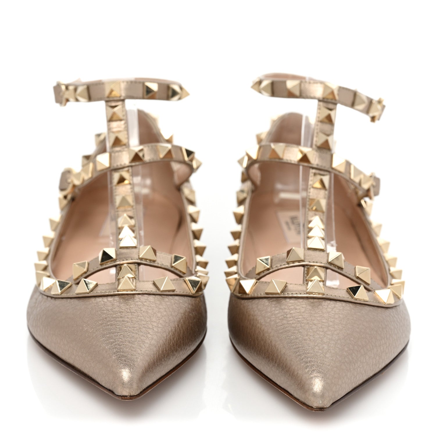 Valentino Garavani Metallic Pebbled Calfskin Rockstud Cage Ballerina Flats 38 Sasso Poudre 2 of 9
