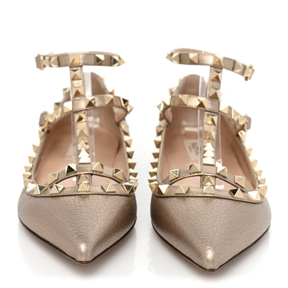 Valentino Garavani Metallic Pebbled Calfskin Rockstud Cage Ballerina Flats 38 Sasso Poudre 2 of 9