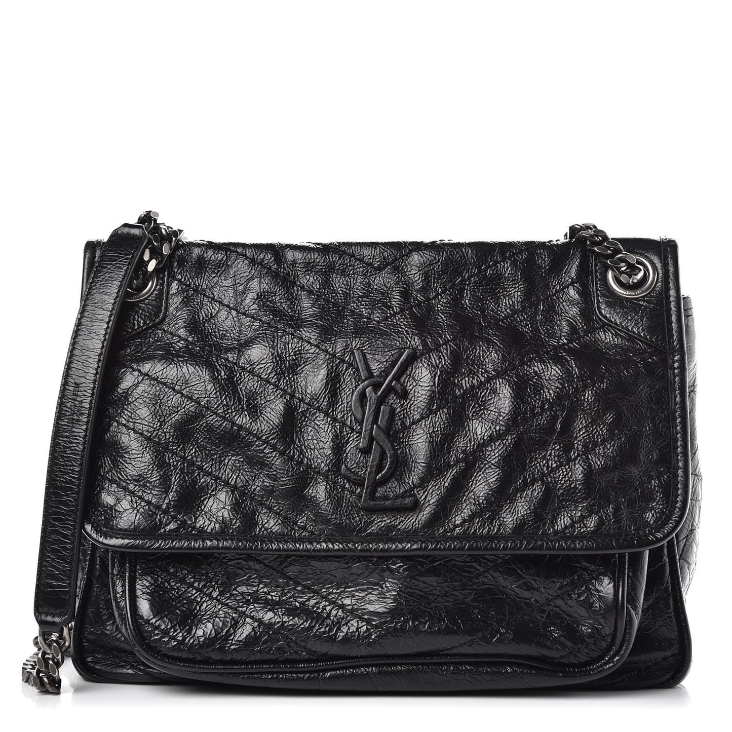 Crinkled Calfskin Matelasse Monogram Medium Niki Chain Satchel Black