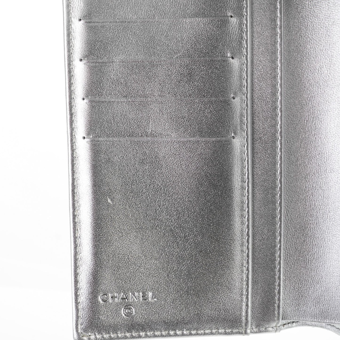 Metallic Lambskin Quilted Large Flap Wallet Silver