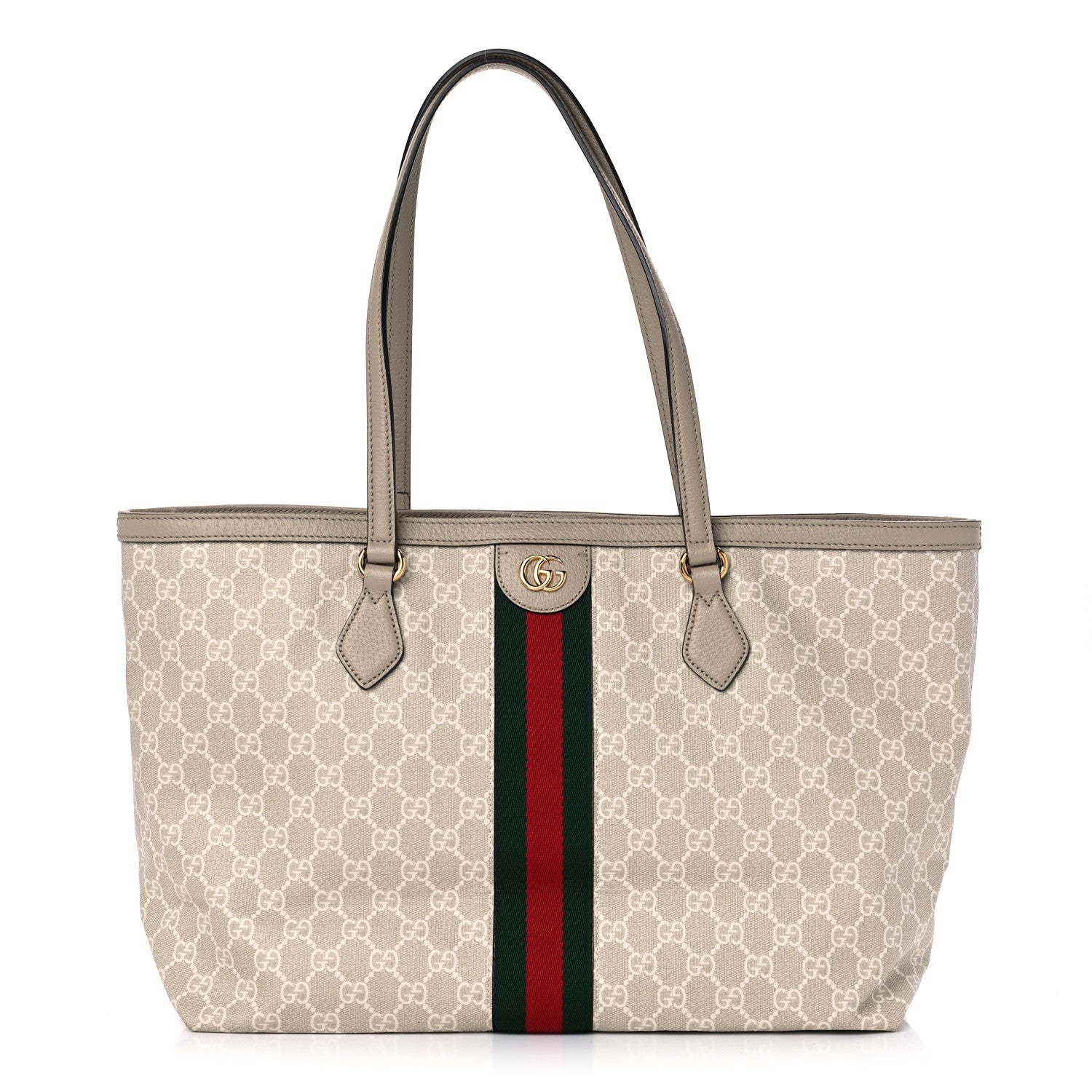 Gucci GG Supreme Monogram Textured Dollar Calfskin Web Medium Ophidia Shopping Tote Beige Mystic White Oatmeal 1 of 10