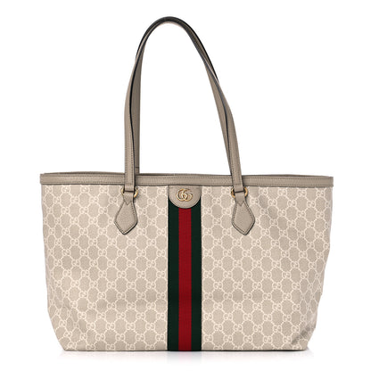 Gucci GG Supreme Monogram Textured Dollar Calfskin Web Medium Ophidia Shopping Tote Beige Mystic White Oatmeal 1 of 10