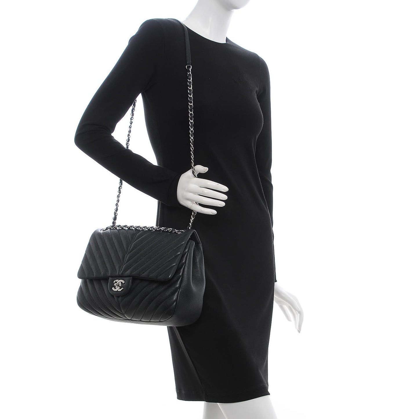 Caviar Chevron Quilted Large Puffy CC Flap Black