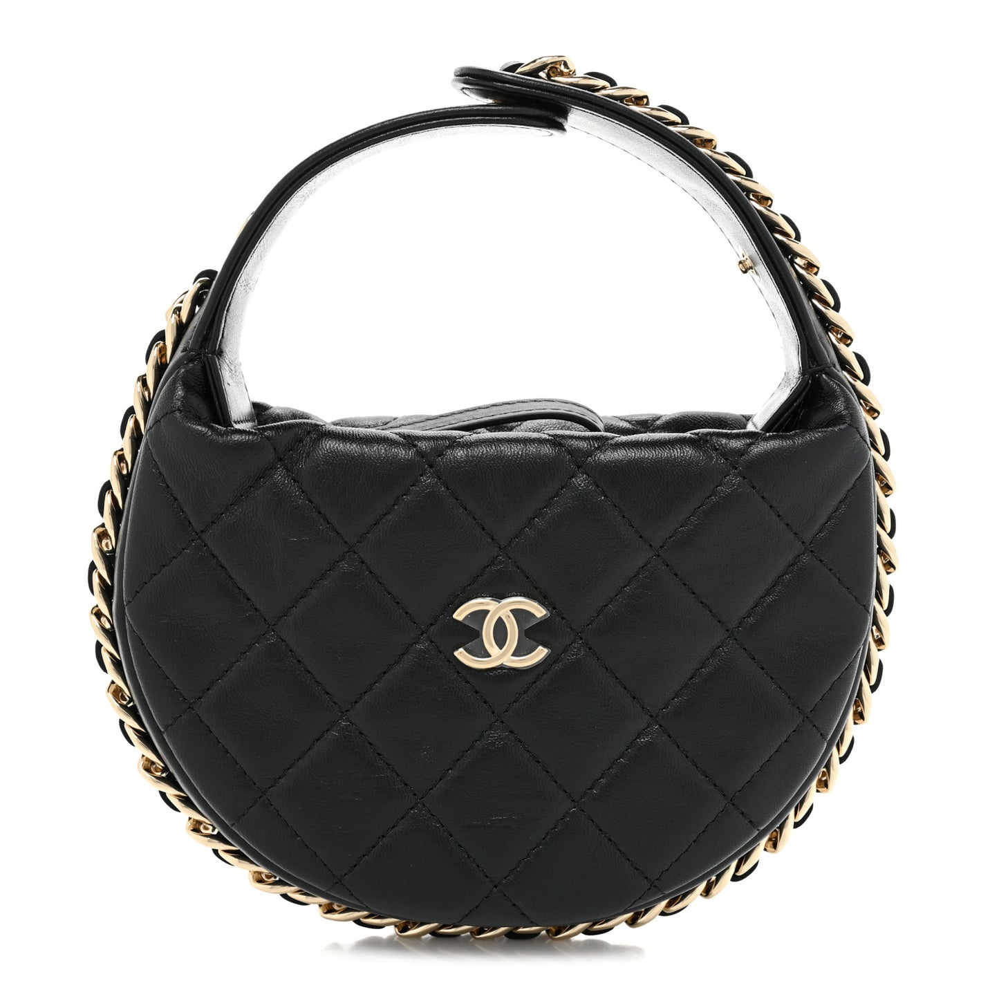 Lambskin Quilted Chain Around Pouch Hobo Black