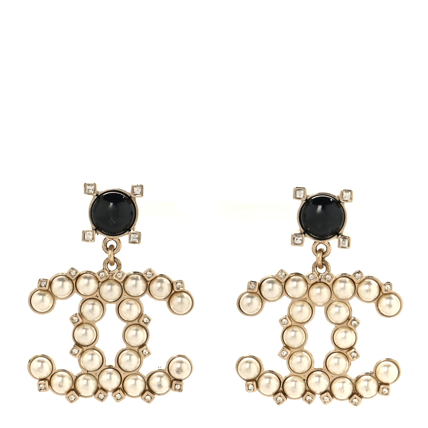 Resin Crystal Pearl CC Drop Earrings Black Gold
